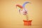 a gift for April Fools\\\' Day. box with a flying spring on which the brain is in the hat of a jester. 3D render