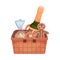 Gift Basket with Bottle of Champagne and Cookies Vector Illustration