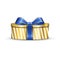 Gift box 3d, blue ribbon bow Isolated white background. Decoration present gold gift-box for Happy holiday, birthday