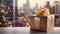 Gift box amidst festive Christmas setting, joyful holiday surprises.