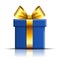 Gift box blue icon. Open surprise present template, gold ribbon bow, isolated white background. 3D decoration for