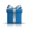 Gift box blue icon. Surprise present template, ribbon bow, white background. 3D design decoration for Christmas