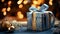 a gift box with a blue ribbon on a table with Christmas decorations