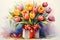 Gift box with a bouquet of tulips, watercolor drawing. Generative AI