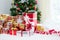 Gift box with Christmas tree background for surprise Children in New year or Xmas party festival. Relaxing holiday and Object