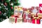 Gift box with Christmas tree background for surprise Children in New year or Xmas party festival. Relaxing holiday and Object