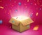 Gift box confetti explosion. Magic open surprise gift box package decoration