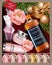 Gift box cosmetics and whiskey Vector realistic. Top view