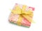 Gift box with festive floral prints, golden ribbon bow