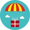 Gift box flying on parachute, delivery service, bonus concept. F
