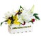 Gift box with fresh lily flowers and chrysanthemum isolated on w