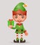 Gift box give away bestow christmas elf boy santa claus helper new year 3d cartoon character design vector illustration