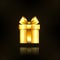 Gift box gold icon. Surprise present template, golden ribbon bow, isolated black background. 3D design decoration for