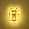 Gift box gold icon. Surprise present template, ribbon bow, golden background. 3D design decoration for