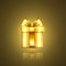 Gift box gold icon. Surprise present template, ribbon bow, isolated golden background. 3D design decoration for