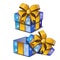 Gift box with a golden bowknot with wrapped paper blue color isolated on a white background. Vector illustration.