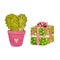 Gift box green cactus pink pot watercolor