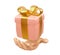 Gift box in hand. Realistic 3d pink gift box with gold bow isolated on white background. Holiday decoration present. Festive gift