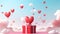 Gift box with heart balloon floating in the sky, Happy Valentines Day banners, paper art style AI Generated