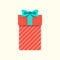 Gift box icon with ribbon and bow. Present package for Christmas or Birthday celebration. Design element for surprise, party