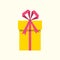 Gift box icon with ribbon and bow. Present package for Christmas or Birthday celebration. Design element for surprise, party