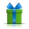 Gift box icon. Surprise present template, blue ribbon bow, isolated white background. 3D design decoration for Christmas