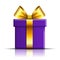 Gift box icon. Surprise present template, gold ribbon bow, isolated white background. 3D design decoration for Christmas