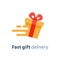 Gift box in motion icon, fast gift delivery service, present quick solution, vector illustration