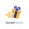 Gift box in motion icon, fast gift delivery service, present quick solution, vector illustration