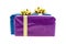 Gift box pair dark blue and lilac with gold ribbon and bow birthday gift on an isolated background