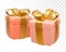 Gift box. Realistic 3d pink gift boxes with gold bow isolated on white background. Holiday decoration present. Festive gift