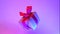 Gift box with red ribbon spinning on neon background. 360 degree rotation. zero gravity. levitation. copyspace. Concept sales, d