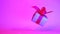 Gift box with red ribbon spinning on neon purple background. 360 degree rotation. seamless loop. zero gravity. levitation.
