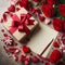 Gift Box, Red Roses, and Empty Note on Valentines Day Background, Top View. Generative ai for illustrations