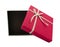 Gift box red and white ribbon cross square box isolated on white background with clipping path. single present for birthday and ch