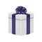 Gift box with ribbon and bow in violet color. Realistic giftbox. Vector.
