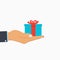 Gift box with ribbon in hand. Man holds gift-box in palm. Surprise, present. Vector.