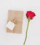 Gift box with rose flower with hand drawing happy valentines white card, on white background