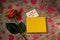 Gift box, rose flower, hearts and text Happy St. Valentine`s Da