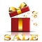 Gift box sale icon. Surprise present red template, gold ribbon bow, isolated white background. Opened giftbox. 3D design