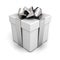 Gift box with silver ribbon bow on white