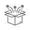 Gift Box Surprise Line Icon. Open Birthday Present Linear Pictogram. Christmas Magic Package with Confetti Outline