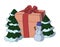 Gift box surrounded by three Christmas trees and a joyful snowman