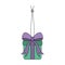 The gift in the box is tied with a bow. The surprise box hangs on a string with a knot. Colored vector illustration.