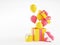 Gift boxes and balloons - 3d illustration of open birthday present packages with ribbons and flying balloons