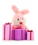 Gift boxes, gifts and toy hare on a white background isolated