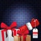 Gift boxes and hand sale tag over dark bricks wall background