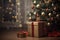 gift boxes near decorated christmas tree with garland lights, copy space