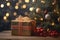 gift boxes near decorated christmas tree with garland lights, copy space