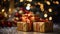 gift boxes with orange ribbon on a table with christmas decorations